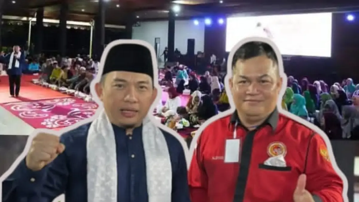 Penceramah Gus Hilmi (kiri) bersama penggagas acara, Ketua DPP TGM Alsiyus (kanan) pada kegiatan Halalbihalal lintas organisasi di Alun-alun ITHO Sendawar.