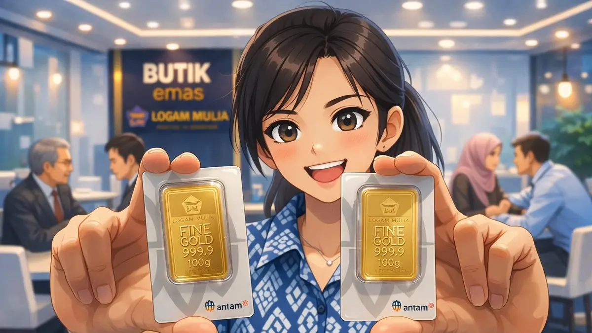 Petugas menunjukkan emas batangan Antam di gerai Logam Mulia dengan harga terbaru yang mengalami penurunan pada perdagangan 3 April 2026. (Generate AI)