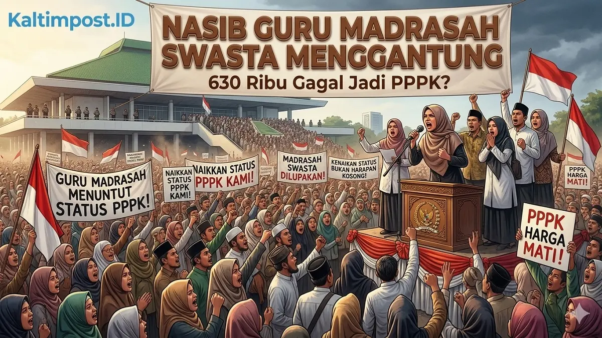 Ratusan ribu guru madrasah swasta menunggu kepastian status PPPK yang hingga kini masih terbentur regulasi UU ASN 2023. (Generate AI)