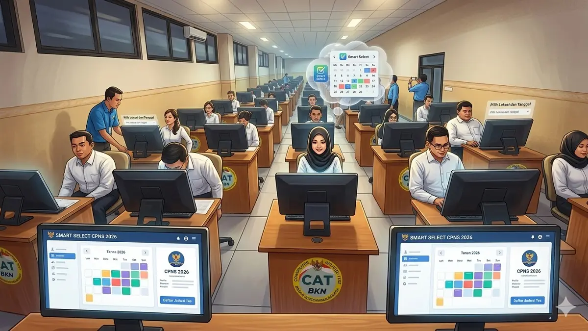 Ilustrasi peserta ujian CPNS di depan komputer. Penggunaan sistem Smart Select CPNS 2026 diharapkan mempermudah pelamar dalam menentukan jadwal tes. (Generate AI)
