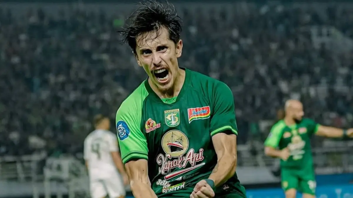 Gelandang Persebaya Surabaya, Francisco Rivera, merayakan gol tunggalnya ke gawang Persita Tangerang dalam laga pekan ke-26 di Stadion Gelora Bung Tomo (GBT). (Dok. Persebaya)