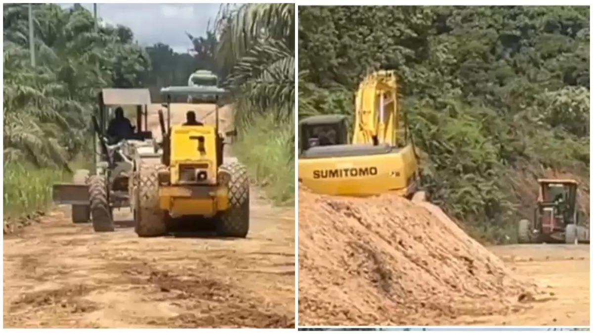 Perusahaan sawit membantu pemadatan jalan menggunakan alat berat di kawasan Kampung Suakong, Bentian Besar (kiri). Sementara pekerja melakukan pelebaran dan penyesuaian grade tanjakan di Gunung Odang oleh kontraktor PT Bumi Karsa. (SUNARDI/KALTIM POST)
