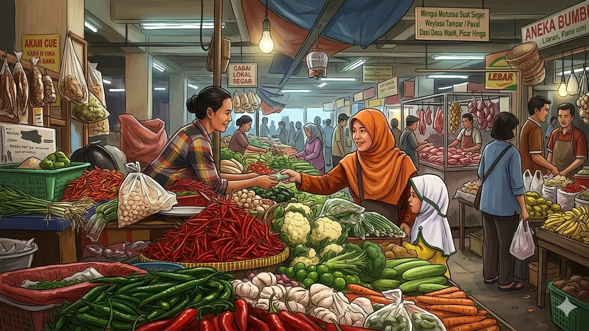 Ilustrasi: Aktivitas pedagang dan pembeli bahan pokok di pasar tradisional. (Generate AI)