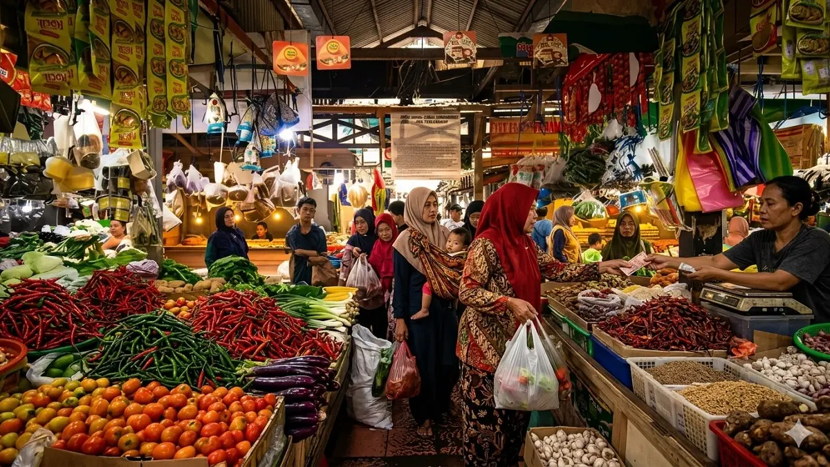 Aktivitas ibu-ibu sedang berbelanja bahan pokok di pasar.