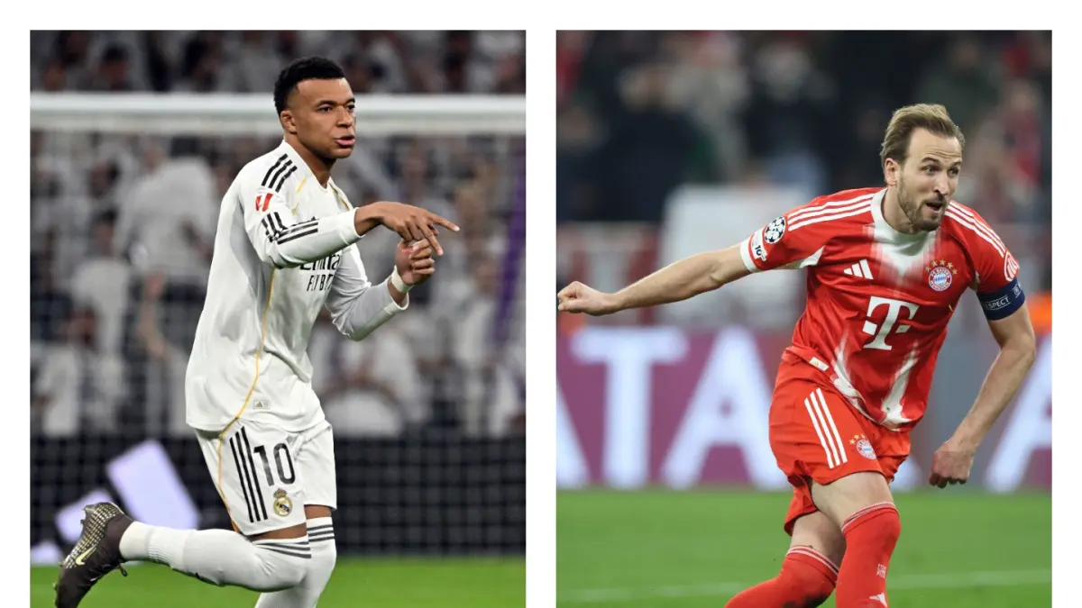 Striker Real Madrid, Kylian Mbappe, dan penyerang Bayern Munchen, Harry Kane, menjadi andalan gol tim masing-masing jelang duel perempat final Liga Champions di Santiago Bernabeu. (JAVIER SORIANO-ALEXANDRA BEIER/AFP)
