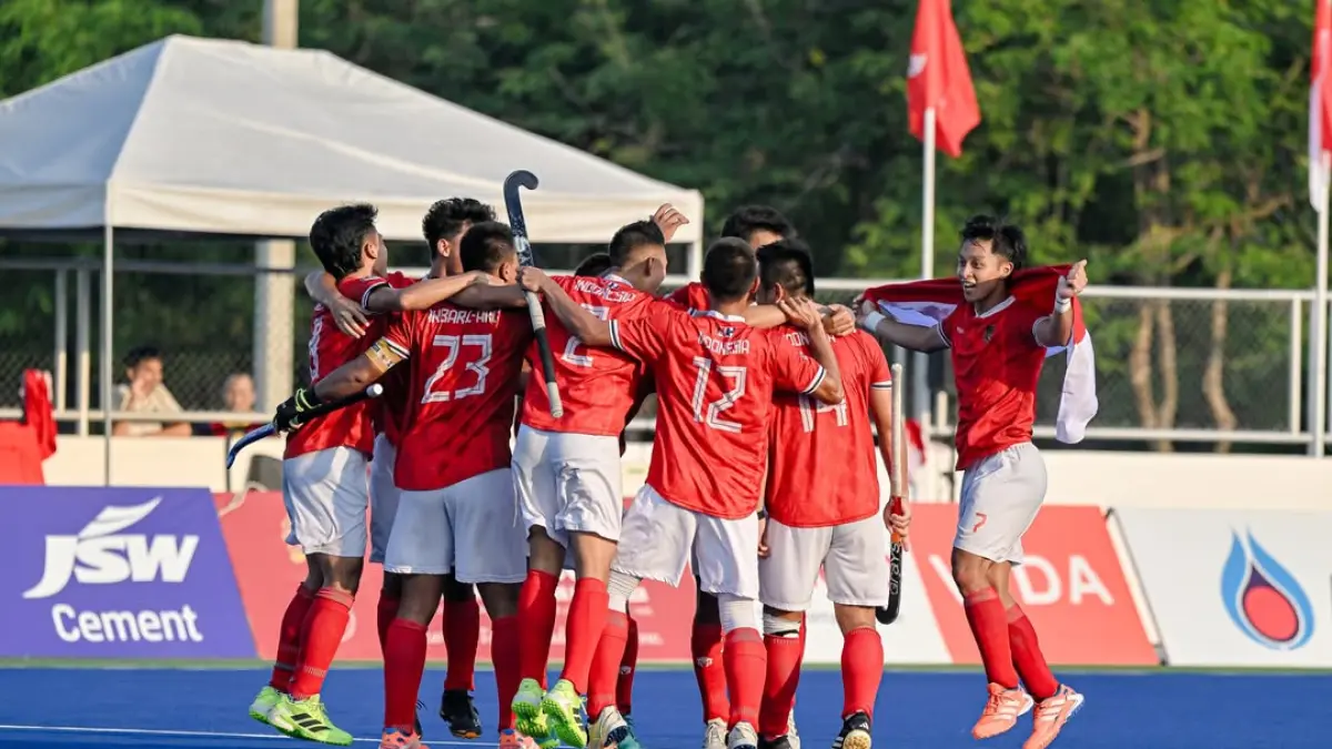 SELEBRASI: Timnas Hoki merayakan kemenangan tipis 1-0 atas Thailand dan memastikan diri lolos ke Asian Games 2026.