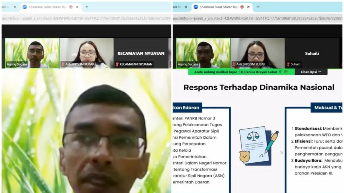 TRANSFORMASI KERJA: Suasana sosialisasi daring melalui Zoom Meeting mengenai pola kerja fleksibel WFO dan WFH bagi ASN di lingkungan Pemkab Kutai Barat, Rabu (8/4/2026).