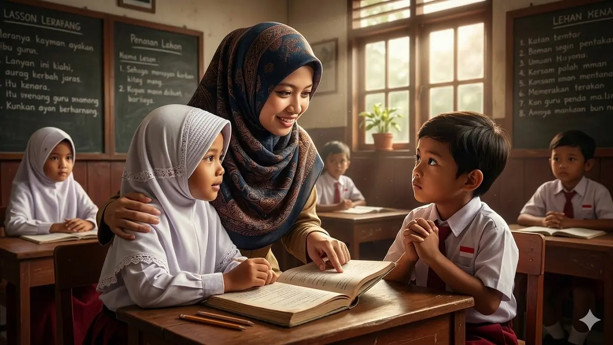 Ilustrasi guru sedang mengajar di kelas.. (Generate AI)