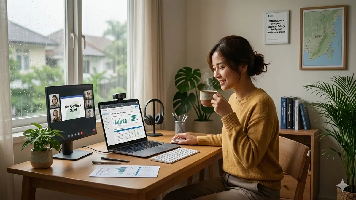 Ilustrasi suasana bekerja dari rumah menggunakan laptop dan koordinasi digital dalam Kebijakan WFH 2026. (Generate AI)