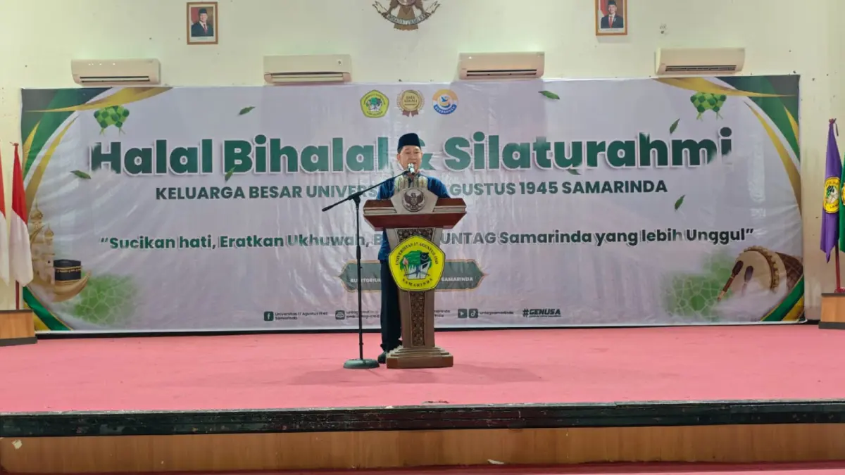 Rektor Untag Samarinda Zuhdi Yahya dalam Halal Bihalal Idulfitri 1447 H di Auditorium Untag Samarinda.