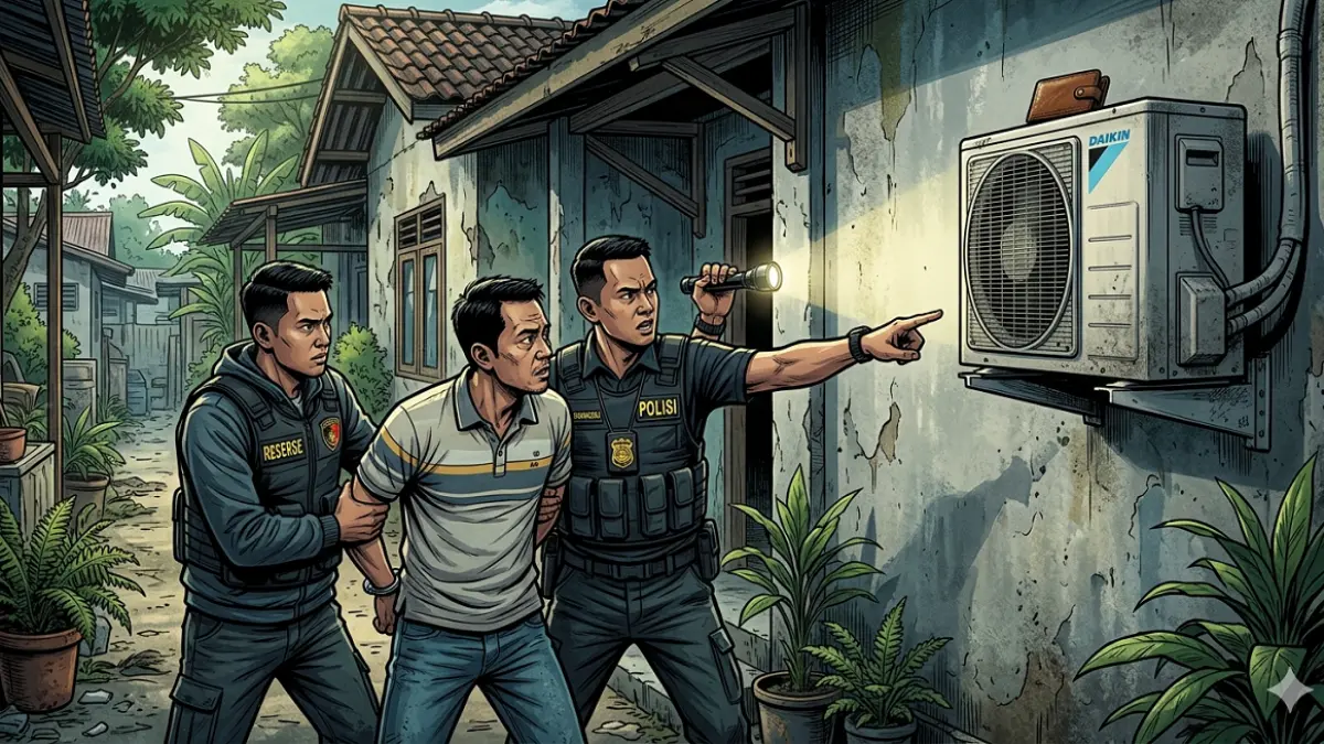 Ilustrasi aparat kepolisian saat menangkap pengedar narkoba.(generate AI)