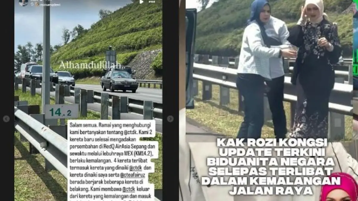Mobil yang ditumpangi Siti Nurhaliza mengalami kerusakan parah usai kecelakaan di Tol MEX, Kuala Lumpur. (Instagram @ctdk)