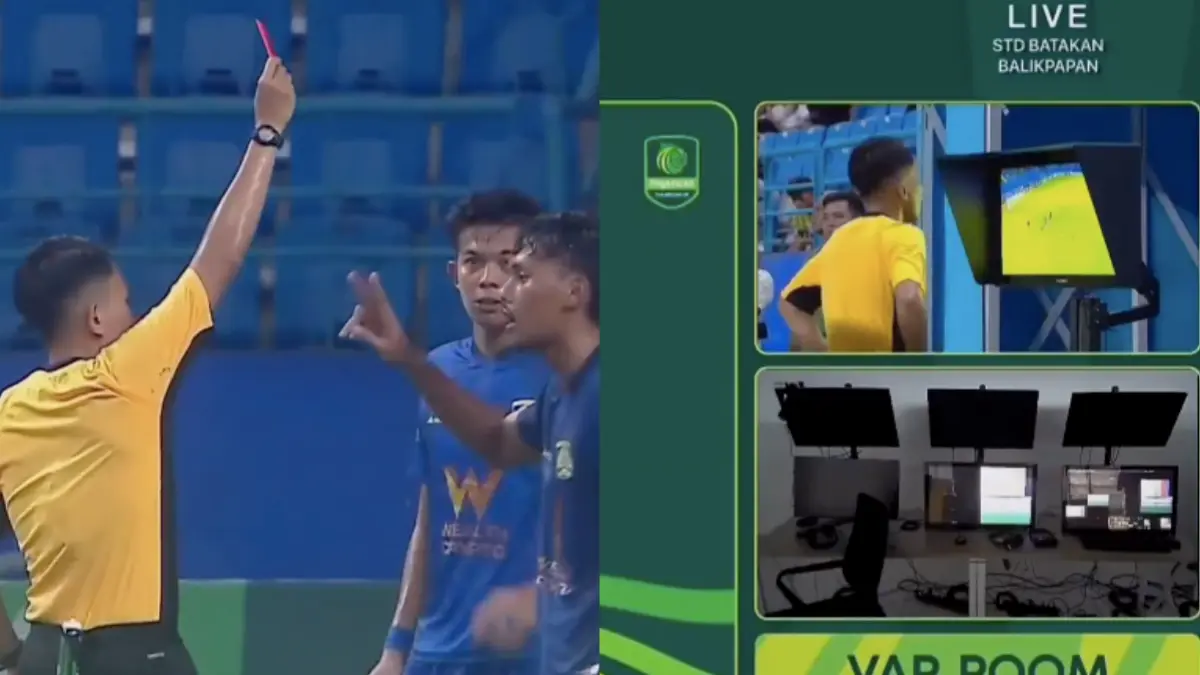 Momen Ruang VAR yang kosong saat wasit melakukan review dan kemudian tetap memberikan kartu merah kepada pemain Persiba Balikpapan.