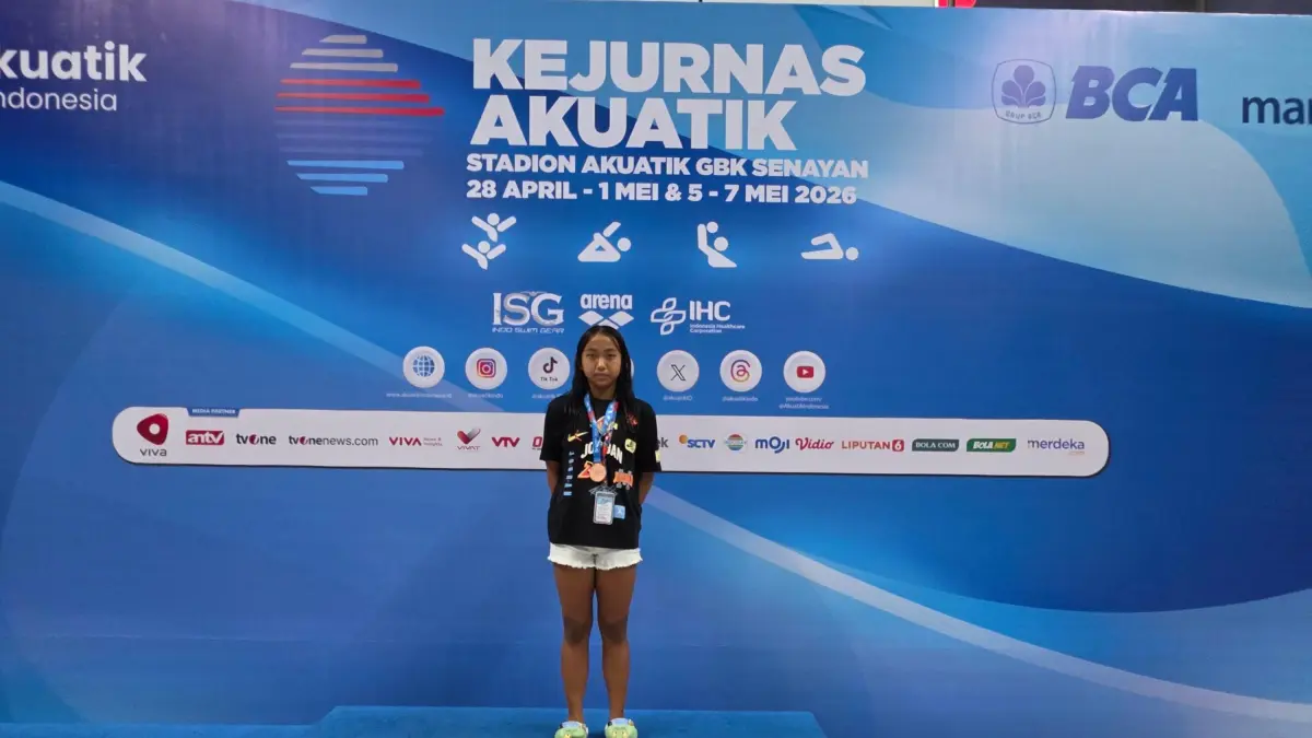 PRESTASI: Jeanita Naila Najah Mahendra Santoso raih medali perunggu pada nomor 50 meter gaya punggung KU 3 putri di ajang Indonesia National Age Group Swimming Championship 2026 di Stadion Akuatik GBK Senayan, Jakarta. 