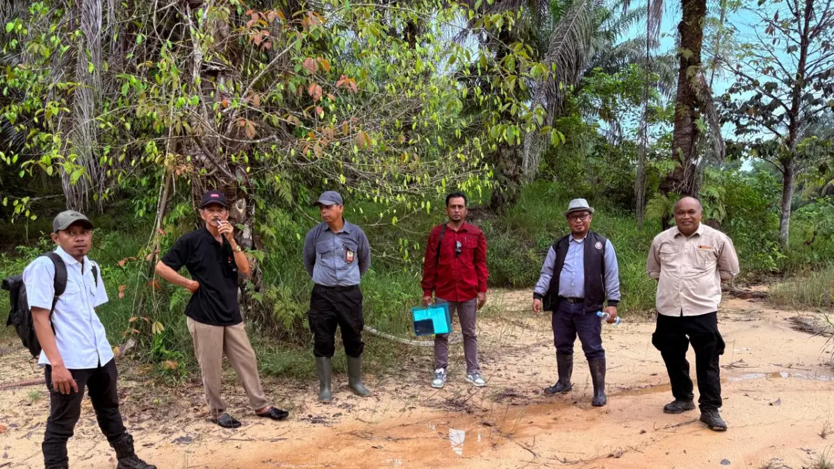 TINJAU: Asrul Paddupai, kuasa hukum petani (dua kanan) bersama tim saat meninjau lahan petani yang dilaporkan tercemar oleh aktivitas perusahaan perkebunan.(ist/kp)


