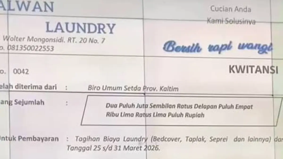 Bukti kuitansi pembayaran laundry yang dipaparkan Pemprov Kaltim untuk menunjukkan rincian pemanfaatan pagu Rp 450 juta. (TANGKAPAN LAYAR)