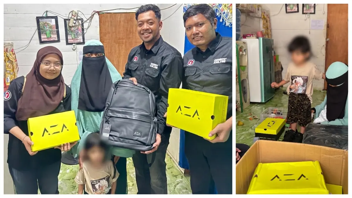 Keluarga almarhum Mandala Rizky Syahputra menerima bantuan sepatu dan tas sekolah dari brand AZA DBL Indonesia di Samarinda. (DBL INDONESIA)