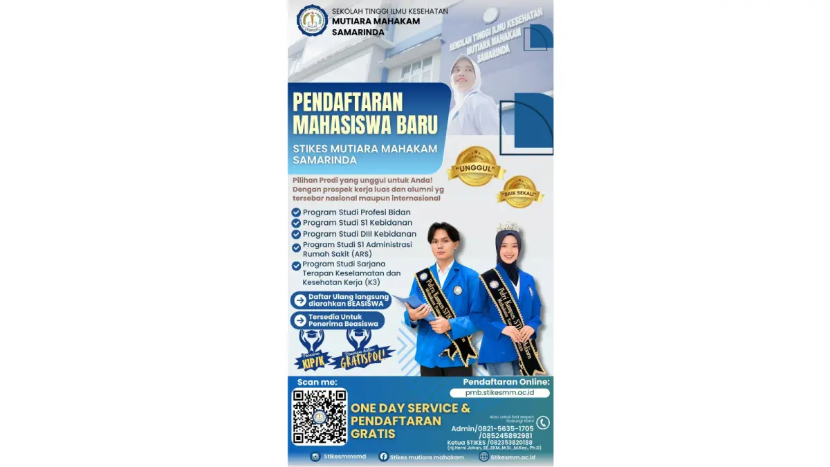 Pendaftaran mahasiswa baru STIKES Mutiara Mahakam Samarinda resmi dibuka untuk program studi kesehatan unggulan tahun ajaran 2026/2027.
