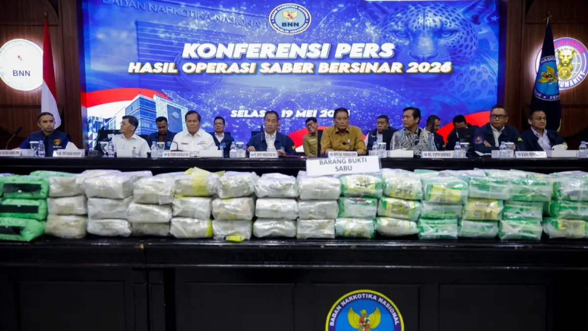KONFERENSI PERS: Konferensi pers Operasi Sapu Bersih Sindikat Narkoba (Saber Bersinar) 2026 di Gedung BNN RI, Jakarta Timur, Selasa (19/5).