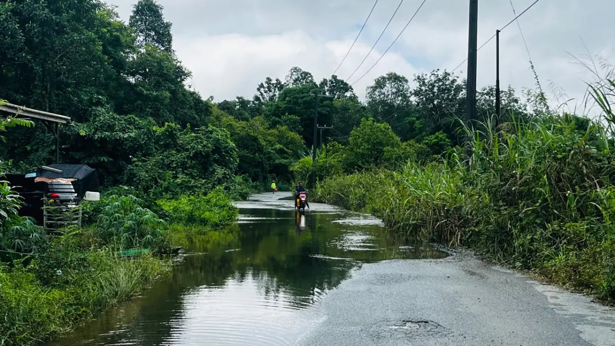 MELUAP: Debet air sungai Mahakam naik, sejumlah titik ruas jalan Melak - Bunyut mulai teredam. (SUNARDI/KP)