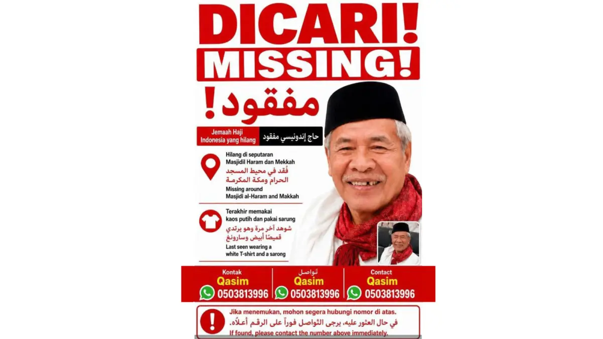Pencarian terus dilakukan terhadap Muhammad Firdaus Ahlan, jamaah haji asal Indonesia yang dilaporkan hilang di Makkah, Arab Saudi, sejak Jumat (15/5/2026).