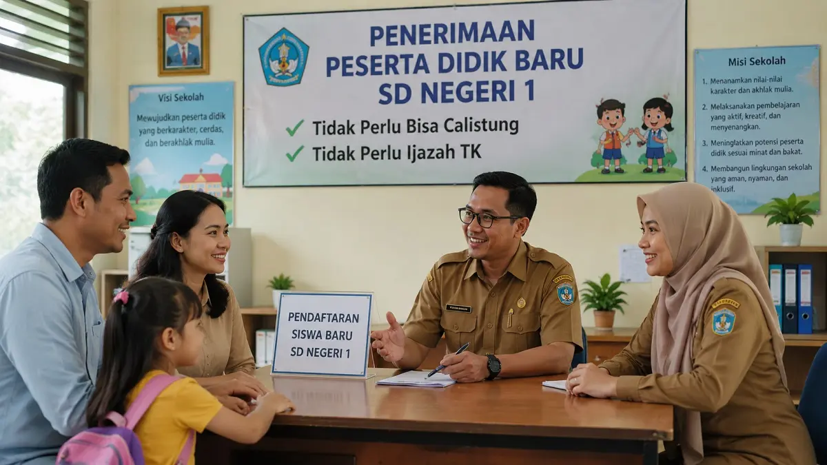Ilustrasi orang tua mendaftarkan anaknya untuk masuk SD.