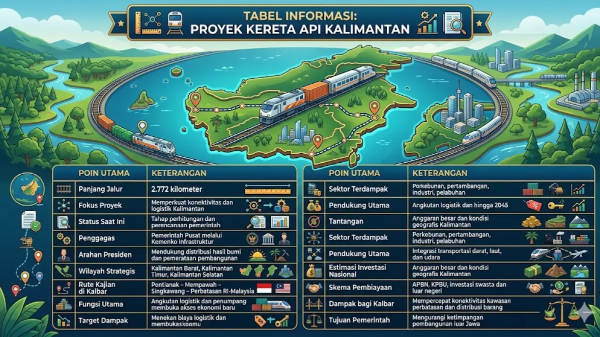 KERETA API: Ilustrasi tabel proyek pembangunan kereta api lingkar Kalimantan.(AI)