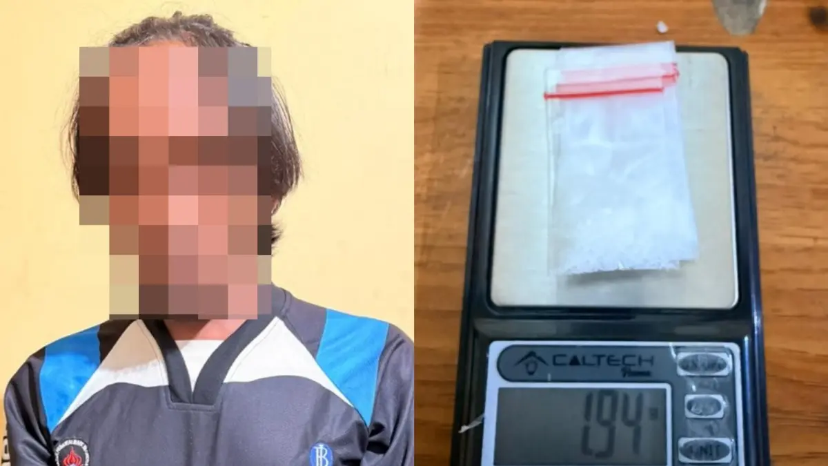 TAK BISA MENGELAK: Pelaku diamankan berikut barang bukti narkoba sabu.