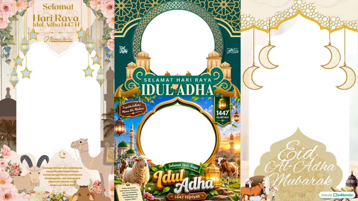 Beberapa rekomendasi desain Twibbon Iduladha 2026 dengan nuansa Islami untuk berbagai media sosial. (Kolase\Twibbonize.com)