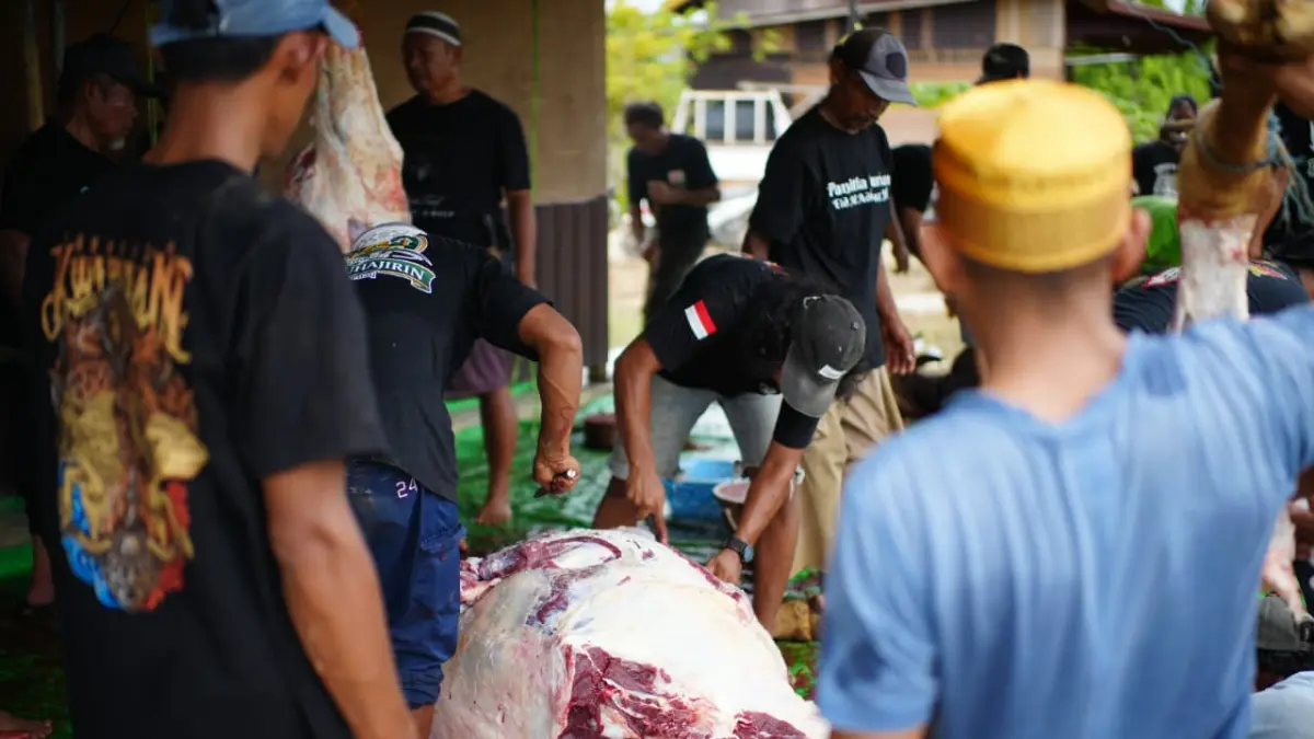 Pemotongan dan pembagian daging kurban dilakukan dengan antusias oleh jemaah Masjid Al-Muhajirin, Rabu (27/5). (JODY KRISTIANTO/KP)