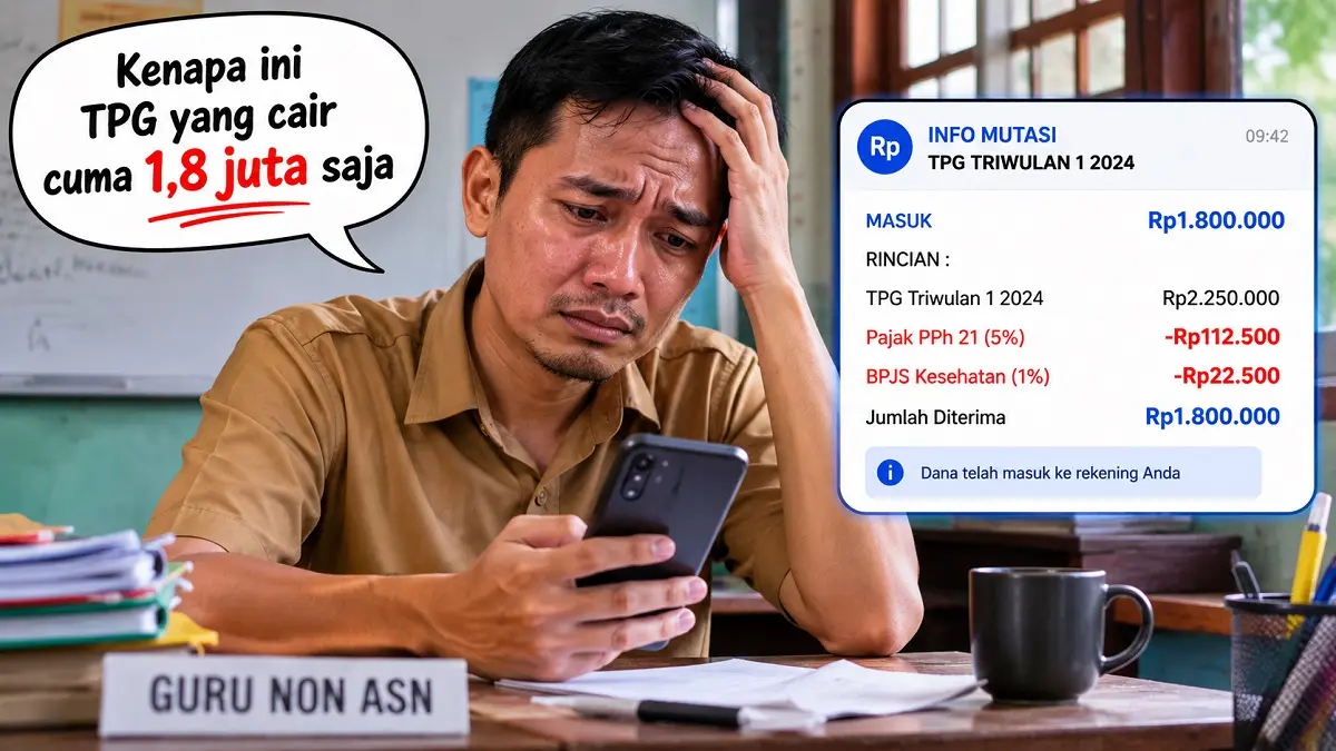 Ilustrasi seorang guru melihat ponsel dan TPG telah cair.