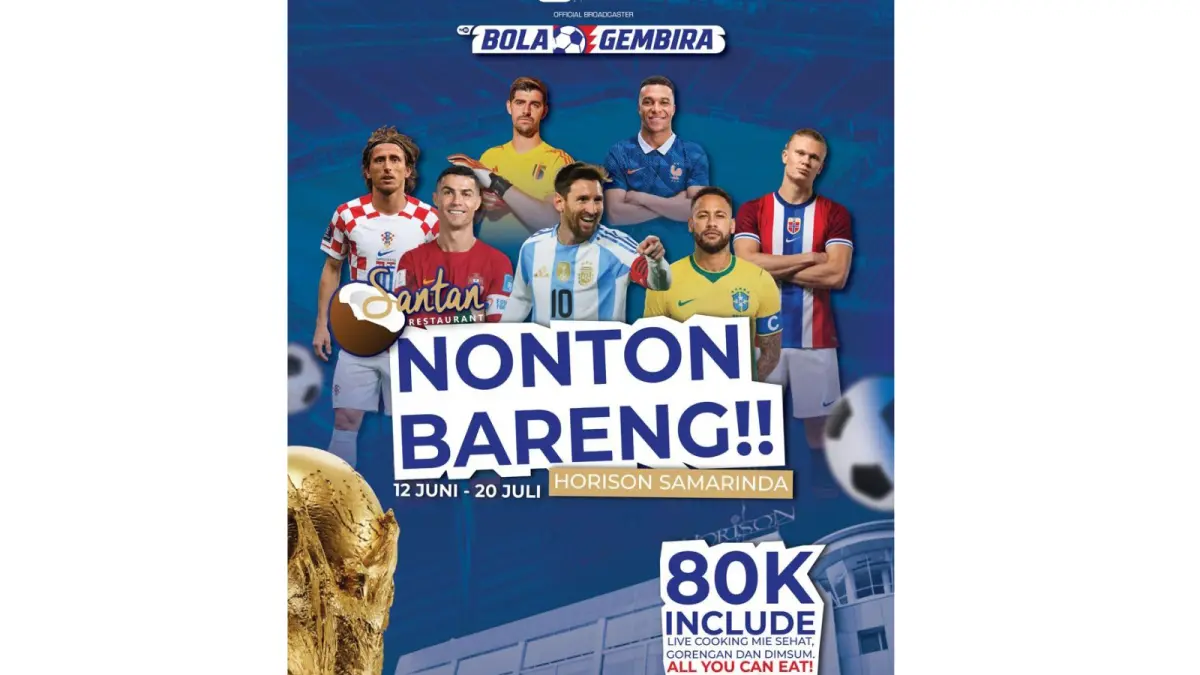 SENSASI BEDA: Mengusung tema "Big Match, Big Vibes", Horison Samarinda secara resmi membuka agenda nonton bareng (nobar) akbar di Santan Restaurant. Acara ini dirancang khusus untuk menghadirkan keseruan stadion langsung ke tengah kota, lengkap dengan layar besar, sistem suara yang menggelegar, dan dekorasi tematik khas pesta bola dunia. (IST)