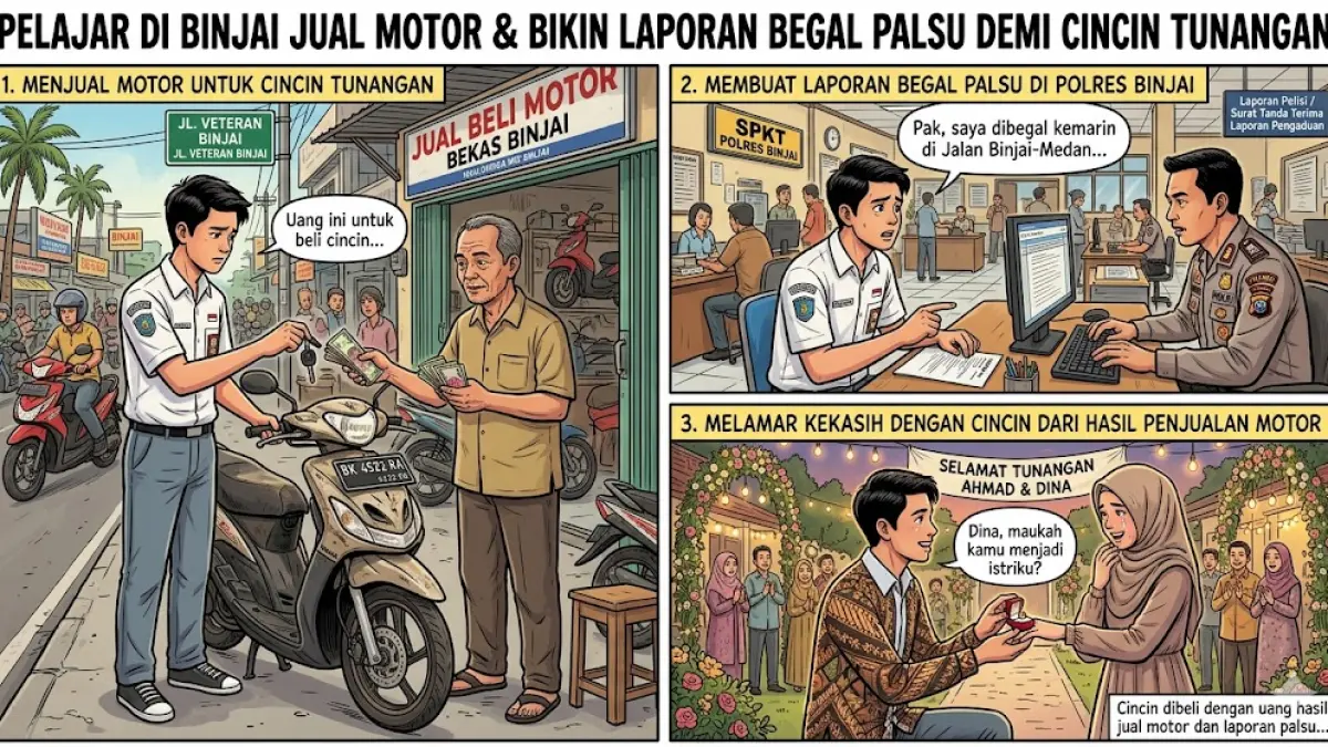 Ilustrasi laporan pelajar kepada polisi dengan menyebut bahwa sepeda motornya dibegal.(generate ai)