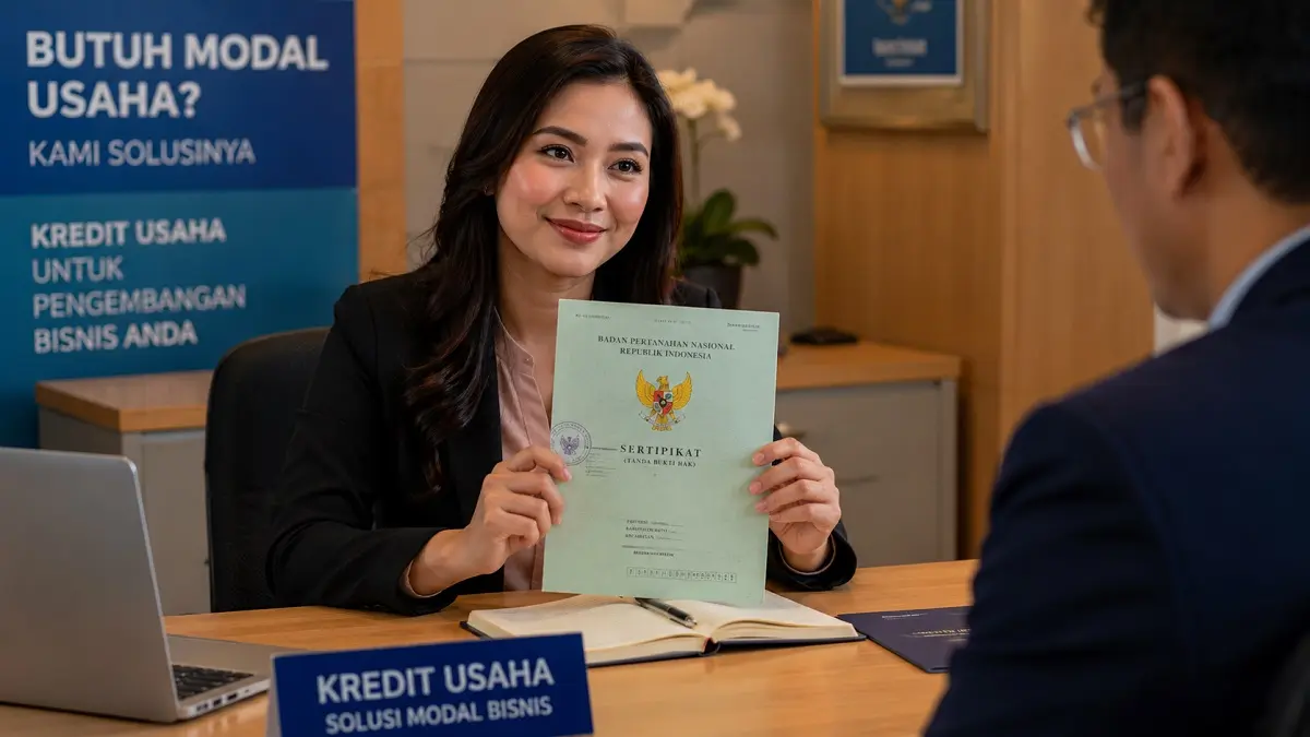 Ilustrasi sertifikat rumah yang digunakan sebagai agunan bank untuk mendapatkan modal usaha baru.