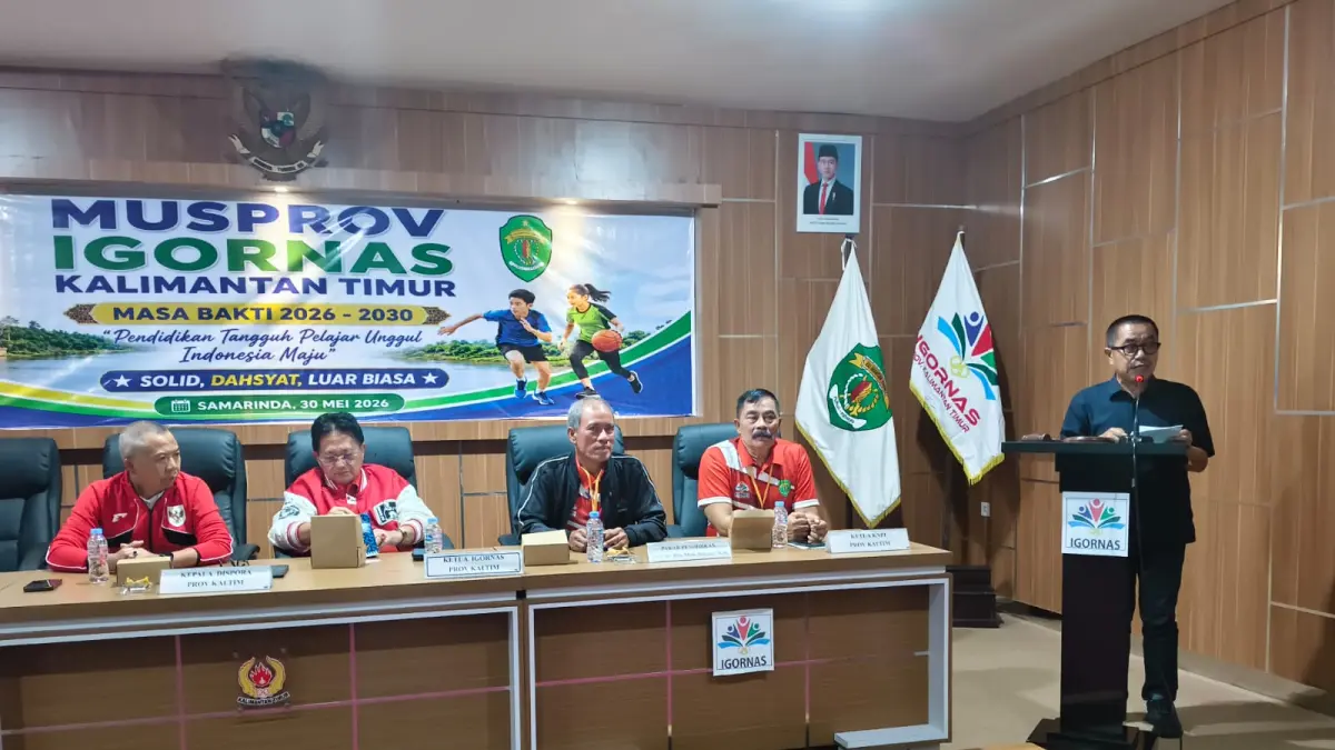 Ketua Umum KONI Kaltim Rusdiansyah Aras memberikan sambutan saat Musorprov IGGORNAS Kaltim 2026 di Sekretariat KONI Kaltim, Samarinda, Sabtu (30/5).