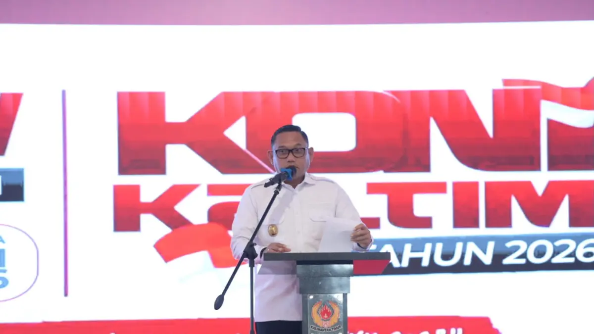 DUKUNG: Wakil Gubernur Kaltim Seno Aji membuka Musorprov KONI Kaltim 2026 yang berlangsung di Aula Tower Kadrie Oening, Kompleks Gelora Kadrie Oening Sempaja, Samarinda, Rabu (3/6). (DONI ADITYA/KP)