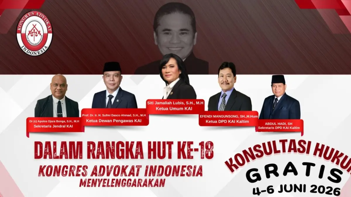 BANTUAN HUKUM: Dewan Pimpinan Daerah Kongres Advokat Indonesia (DPD KAI) Kalimantan Timur menggelar layanan konsultasi hukum gratis kepada seluruh lapisan masyarakat termasuk warga yang kurang mampu yang berdomisili di Kalimantan Timur, khususnya Kota Samarinda. (ist)