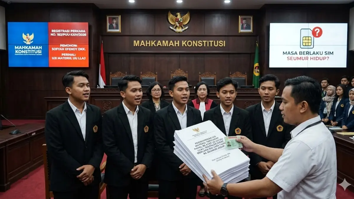 Ilustrasi lima mahasiswa Universitas Tujuh Belas Agustus (Untag) Surabaya menggugat SIM ke MK.(generate AI)
