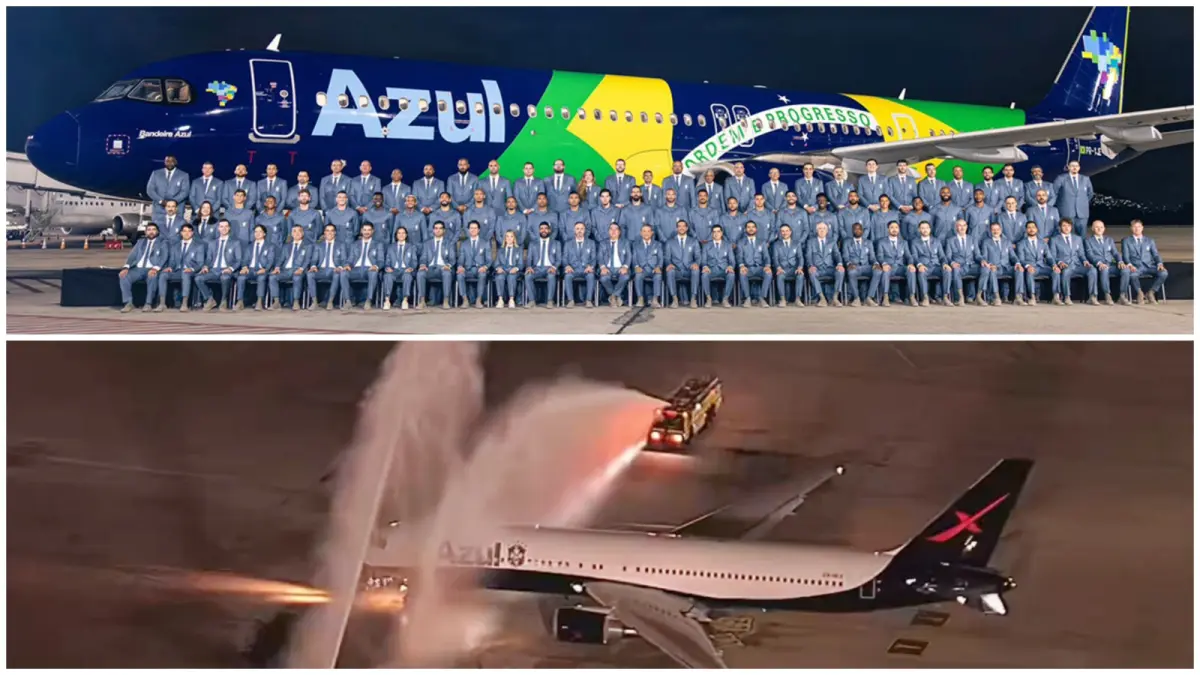 Skuad Brasil berfoto dengan latar belakang pesawat yang membawa mereka ke Piala Dunia 2026. Pesawat tersebut menjalani prosesi pembaptisan sebelum lepas landas. (CBF-CAZE TV)