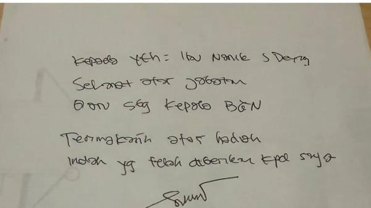 TERIMA KASIH: Surat dari bekas Wakil Kepala BGN, Sony Sonjaya ditujukan kepada Kepala BGN yang baru, Nanik S Deyang.(IG)