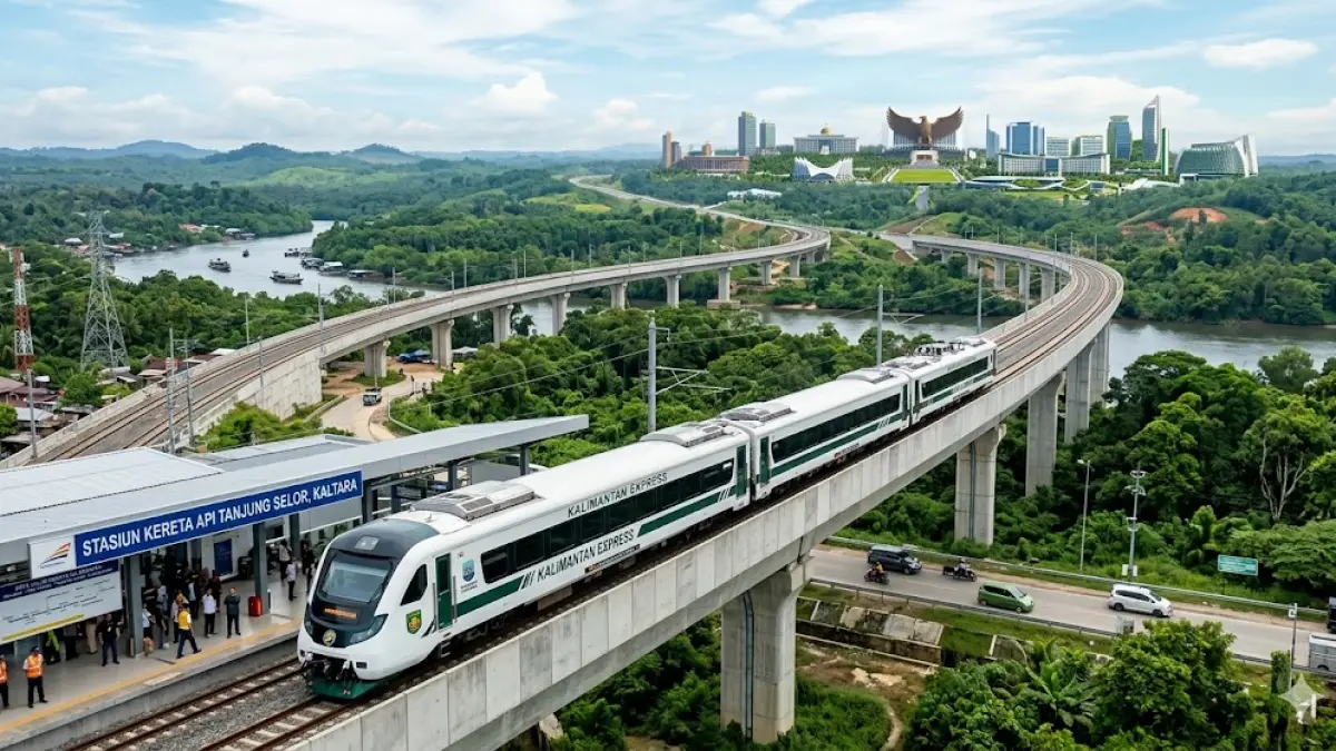 Ilustrasi pembangunan rel kereta api yang direncanakan dimulai dari Kaltara tersambung hingga IKN, Kaltim.(generate ai)