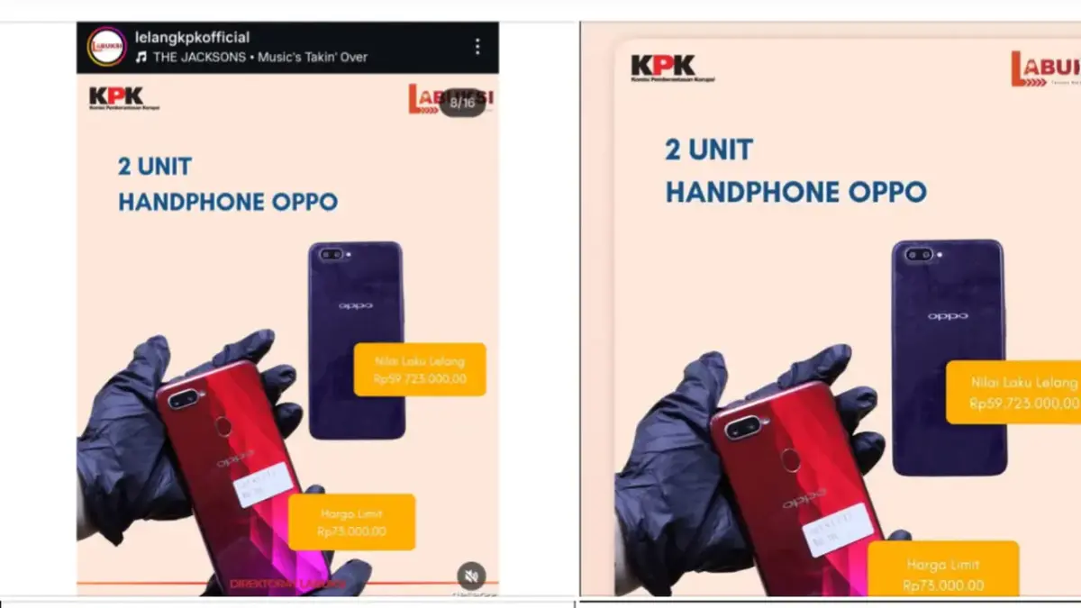 MENANG DAN KABUR: HP Oppo kategori jadul yang dilelang KPK dan ditawar Rp 59 juta. Namun, pemenangnya justru kabur.(IST)