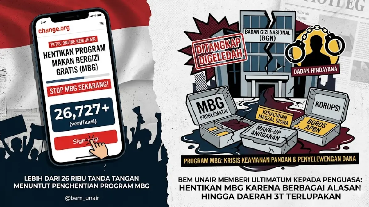 Ilustrasi BEM Unair menggalang petisi untuk menghentikan Program MBG.(generate ai)