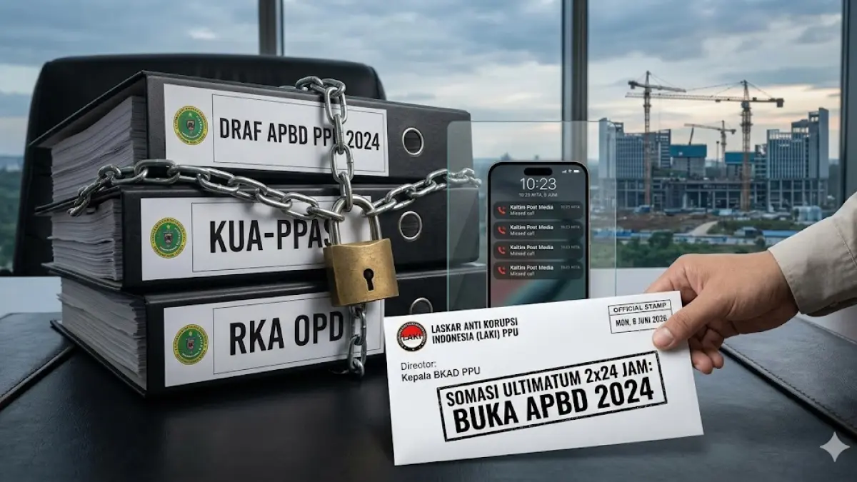 Ilustrasi somasi DPC LAKI PPU kepada BKAD PPU terkait permintaan dokumen APBD 2024.(generate ai)