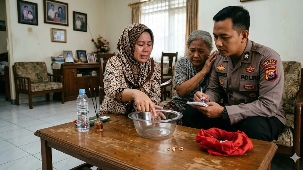 Ilustrasi seorang warga yang tertipu perhiasan emasnya dibawa lari seorang pria yang mengaku dukun.(generate ai)