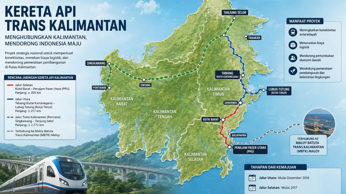 Gambaran proyek Kereta Api Kalimantan digambarkan jalur hijau. Kemudian jalur merah dan biru proyek Kereta Api Borneo. 