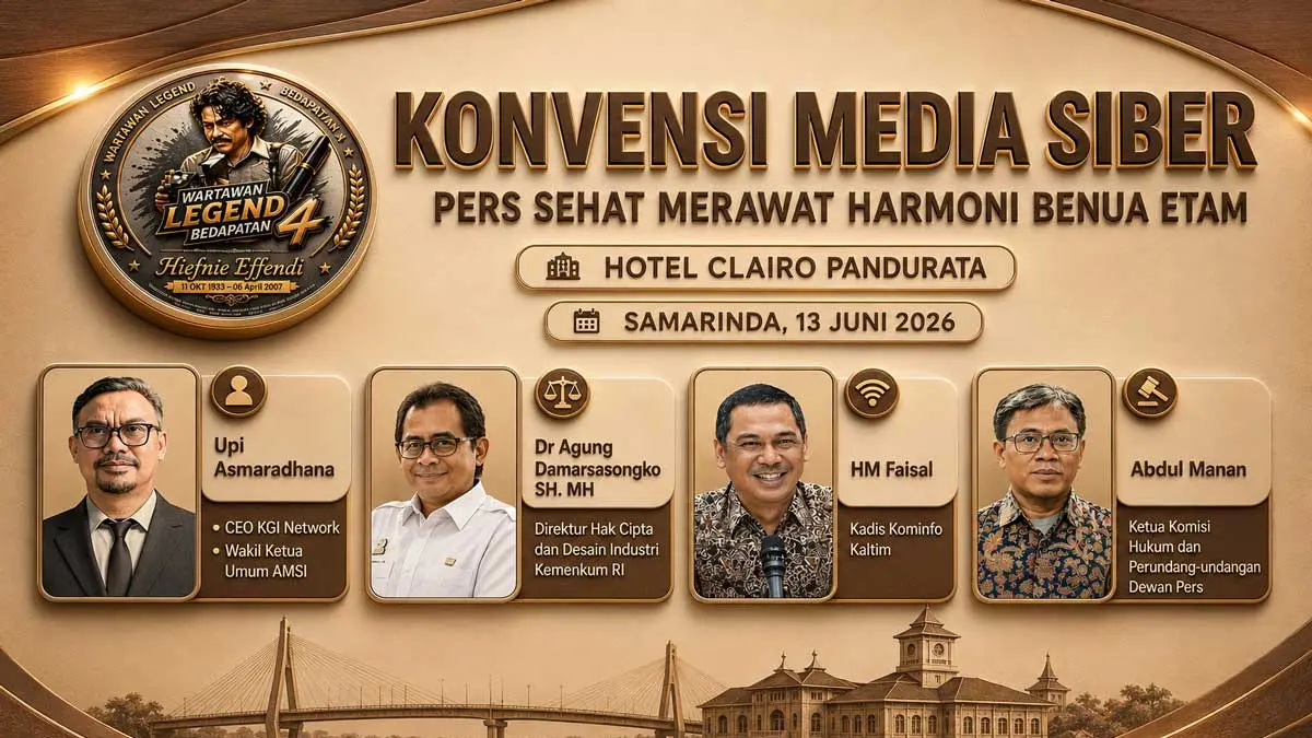Narasumber Konvensi Media Siber dalam rangka Wartawan Legend Bedapatan ke-4 berfoto dalam materi publikasi kegiatan yang digelar di Hotel Claro Pandurata, Samarinda, Sabtu (13/6/2026).