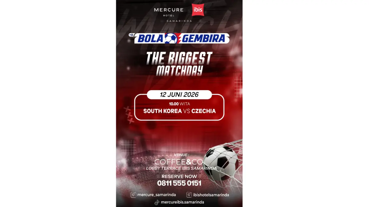 NOBAR: Mercure Samarinda dan ibis Samarinda menghadirkan program Nonton Bareng Piala Dunia 2026 bertema “Sip, Bite and Goal” di Coffee & Co. sepanjang turnamen, lengkap dengan paket spesial bagi para pengunjung. (IST)
