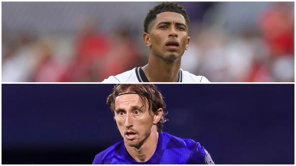 Gelandang Inggris Jude Bellingham bersiap menghadapi Luka Modric dalam laga Inggris kontra Kroasia pada matchday perdana Grup L Piala Dunia 2026 di AT&T Stadium, Arlington. (RICHARD PELHAM-DAMIR SENCAR/AFP).