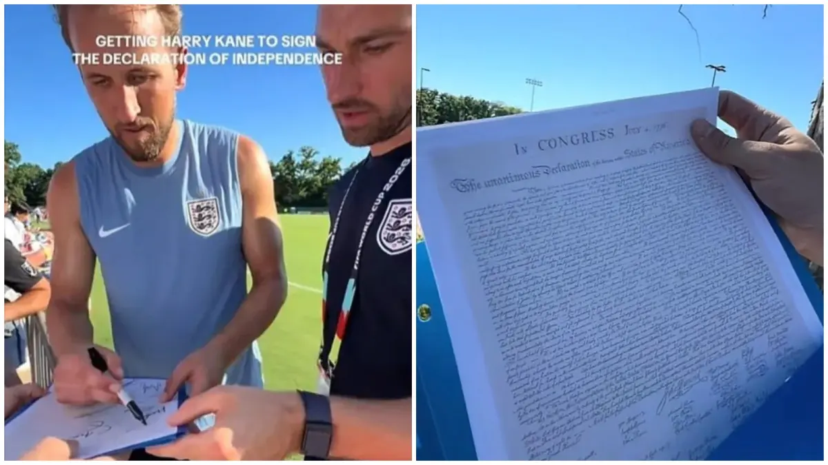 Kapten timnas Inggris Harry Kane tanpa sadar menandatangani replika Deklarasi Kemerdekaan Amerika Serikat saat melayani permintaan tanda tangan suporter di Kansas City. (THE SUN)